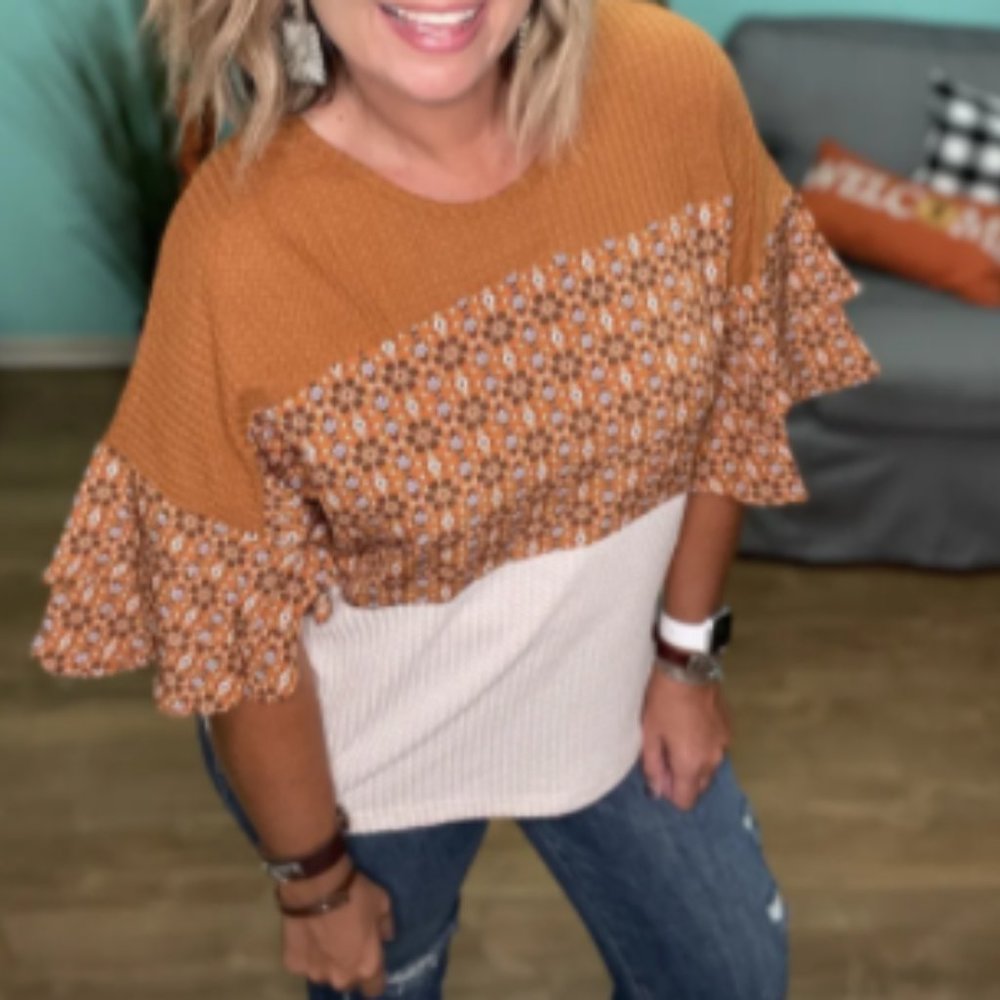 Umgee Rust Floral and Cream Ruffle Sleeve Top